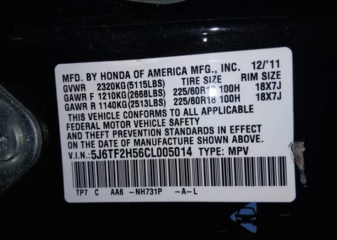 2012 Honda Crosstour Ex-L из США, поврежденный, VIN 5J6TF2H56CL005014